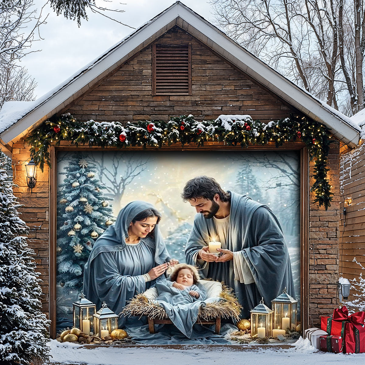Winter Garage Door Banner Decoration -  Silent Night Nativity