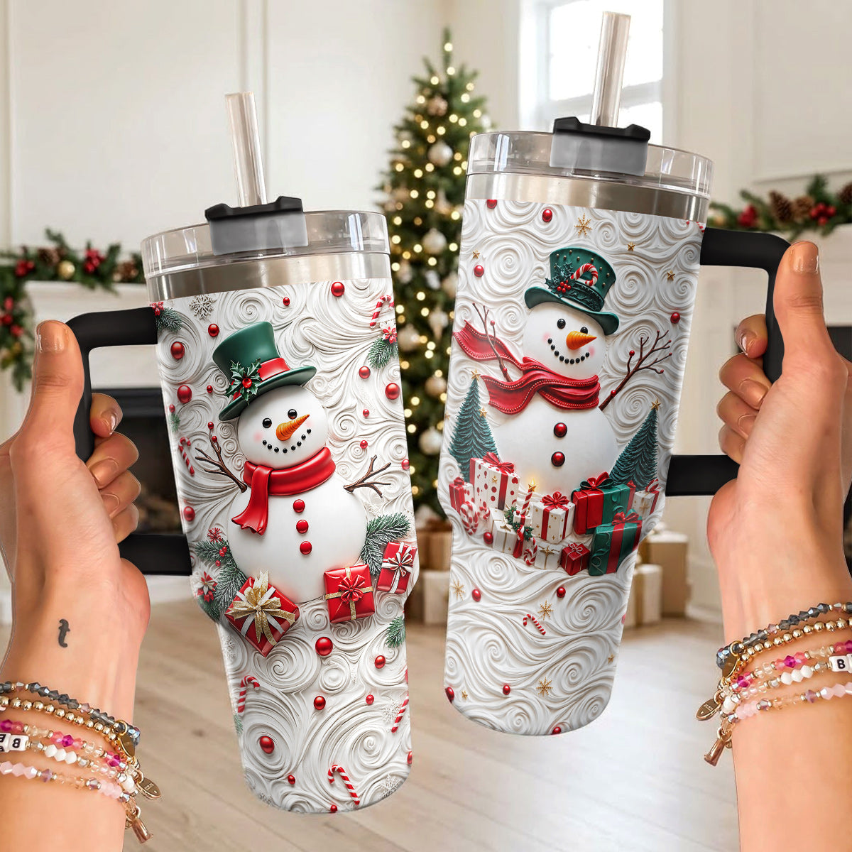 Snowman Christmas 40 oz Tumbler 3D Effect Frosty’s Christmas Whirl