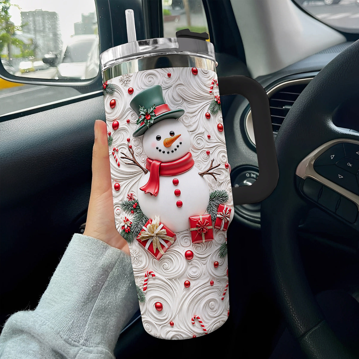 Snowman Christmas 40 oz Tumbler 3D Effect Frosty’s Christmas Whirl