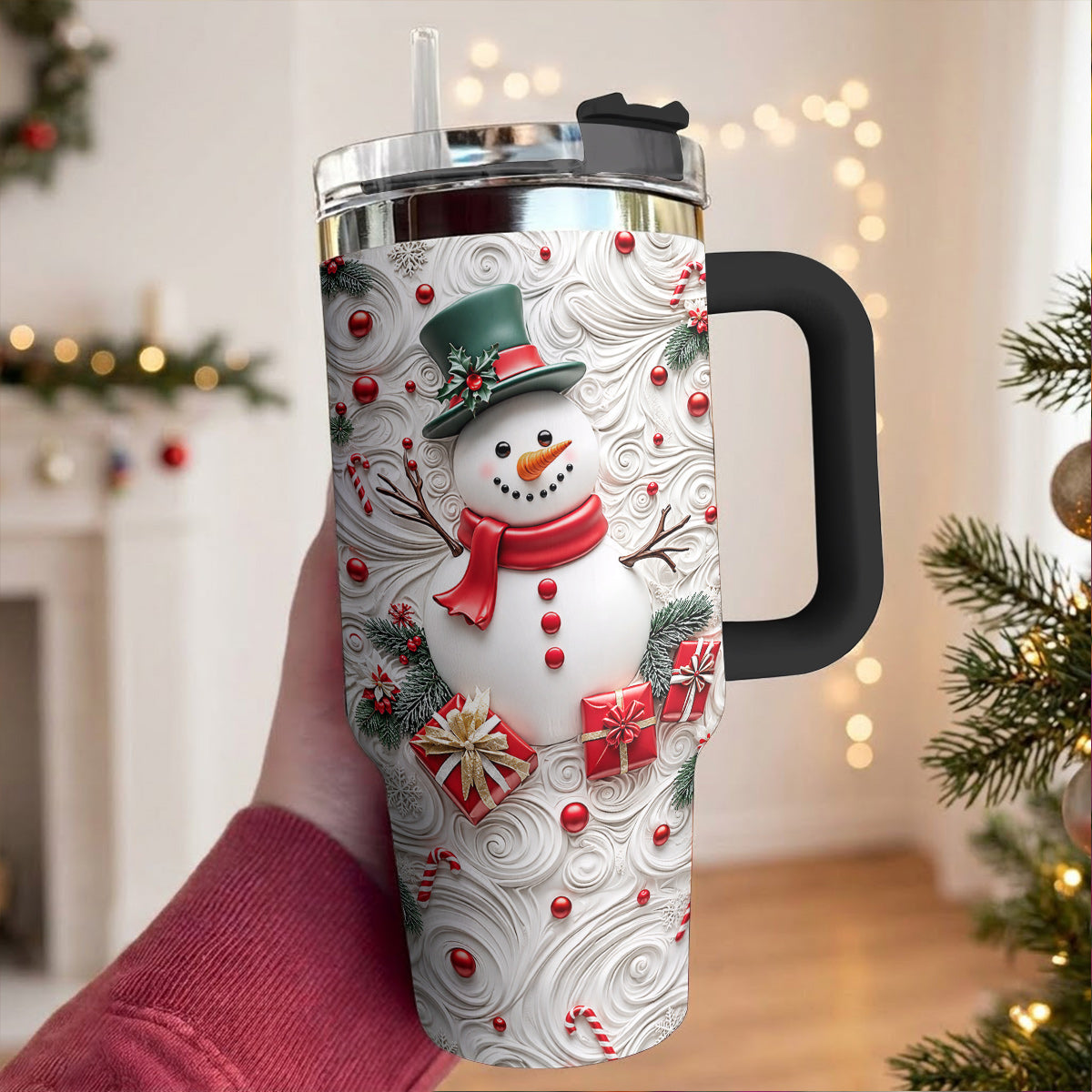 Snowman Christmas 40 oz Tumbler 3D Effect Frosty’s Christmas Whirl