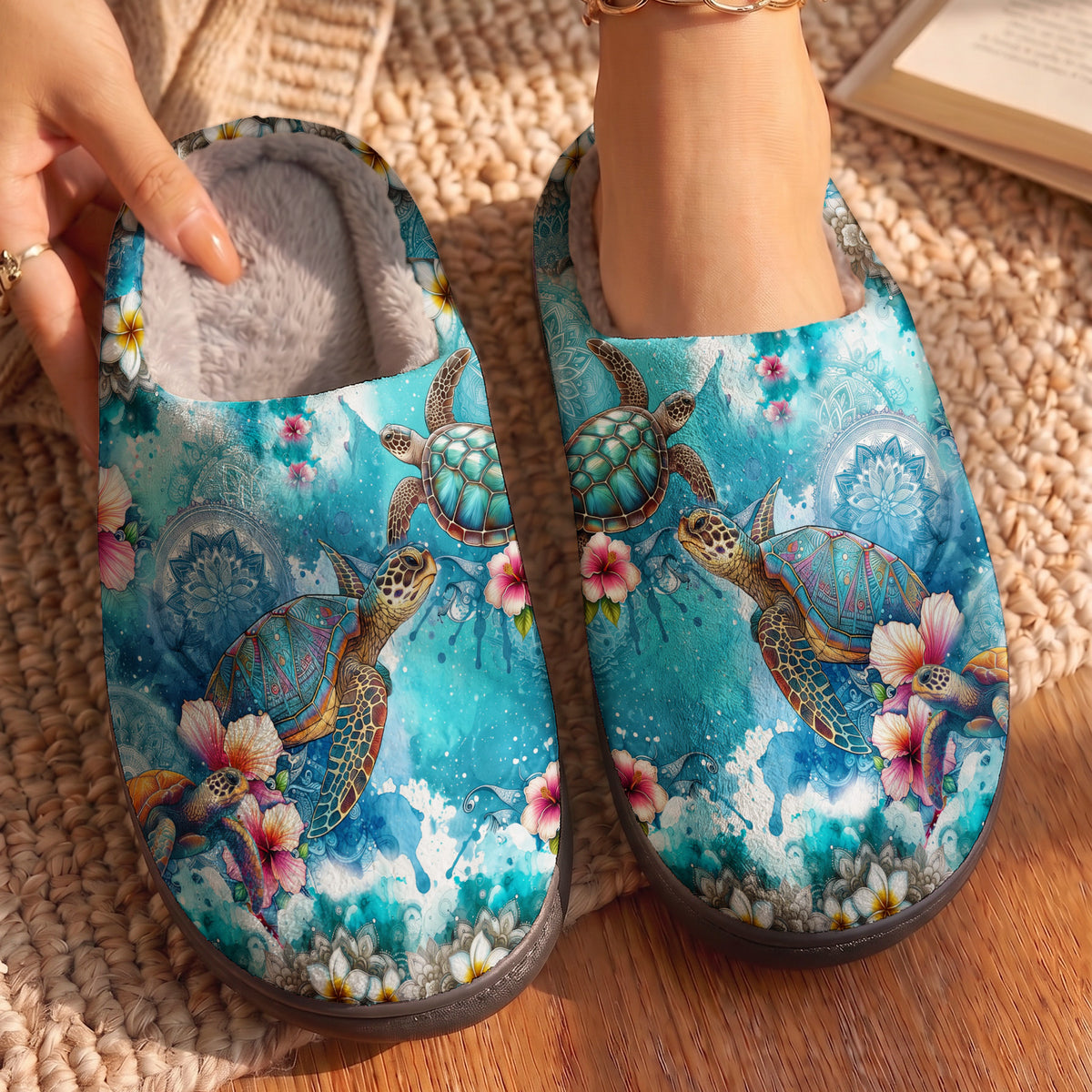Floral Turtles Fleece Lined Slippers