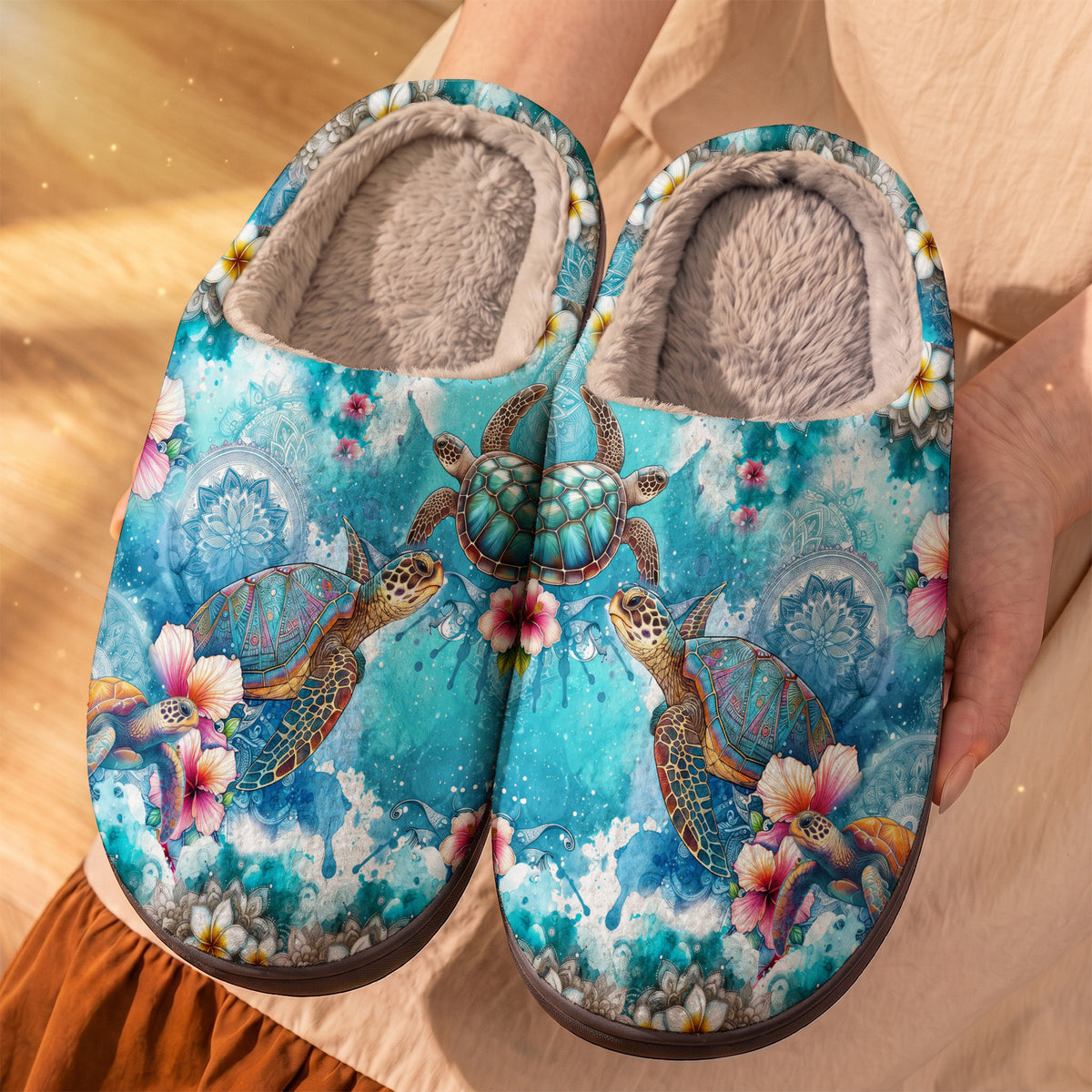 Floral Turtles Fleece Lined Slippers