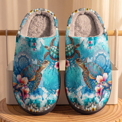 Floral Turtles Fleece Lined Slippers