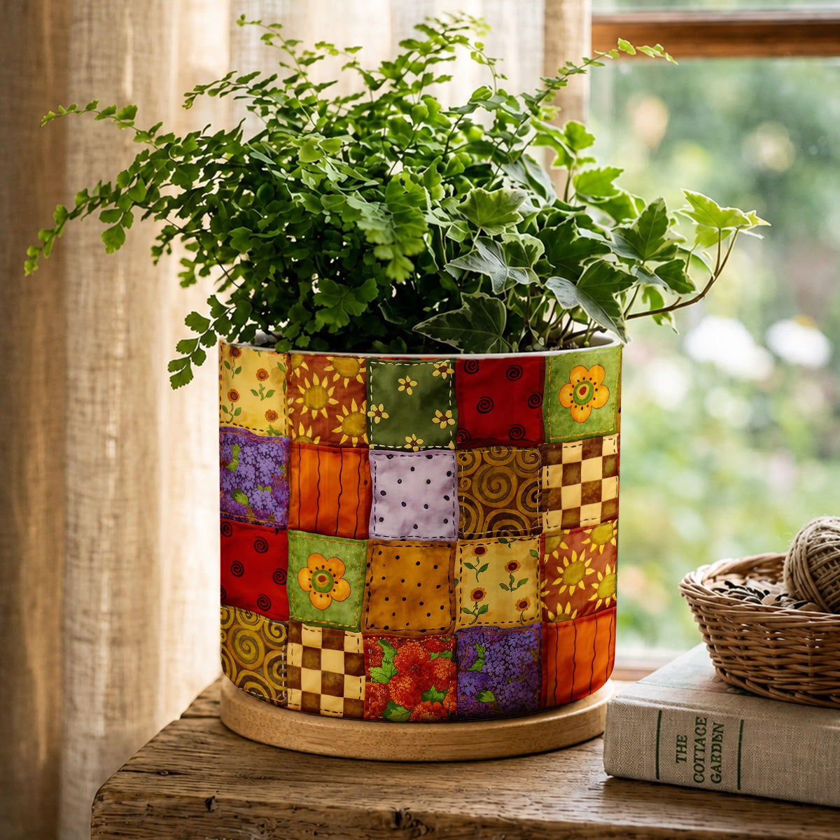 Autumn Quilt Blooms Ceramic Plant Pot with Bamboo Tray