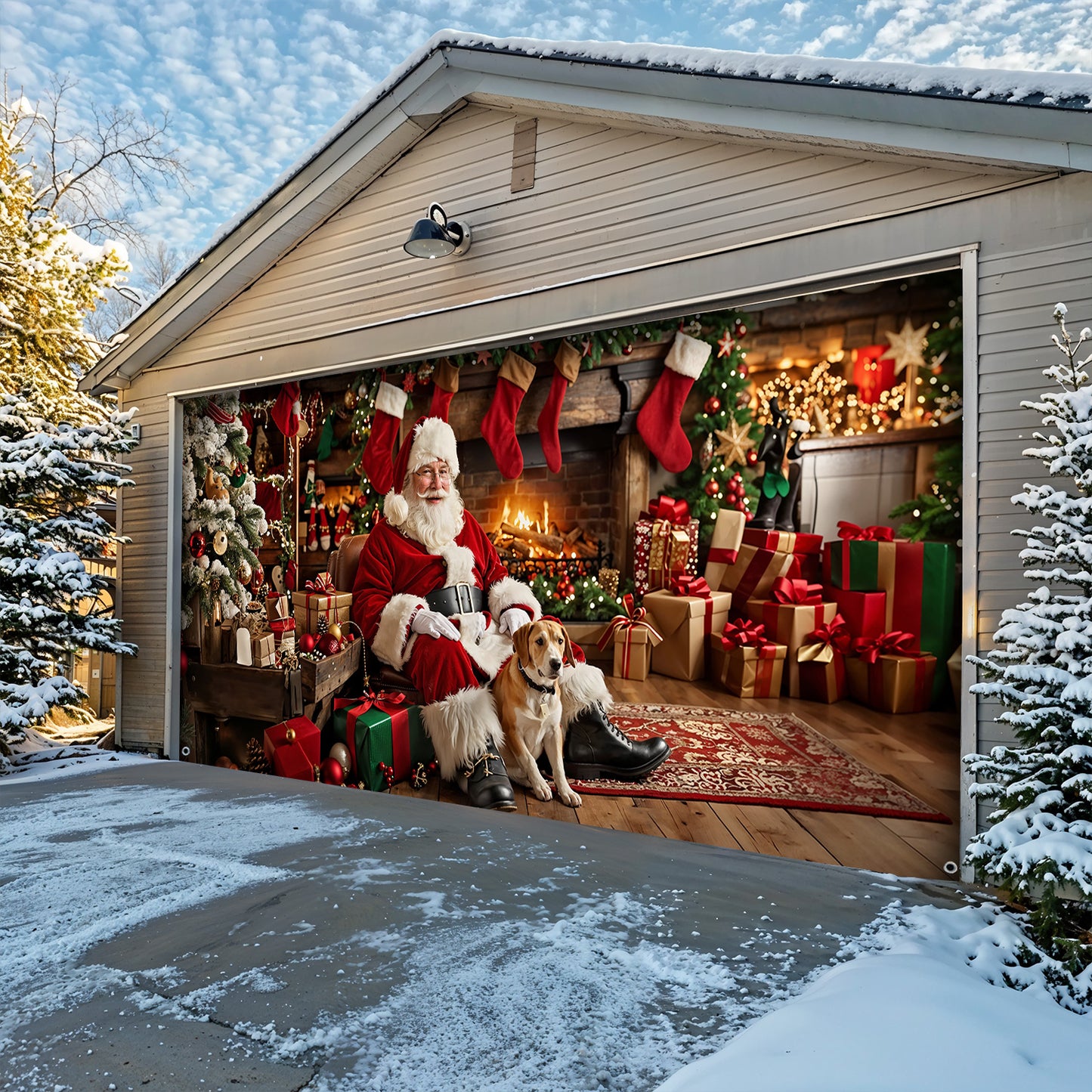 Christmas Garage Door Banner Decoration - Warm Wishes by the Fireplace