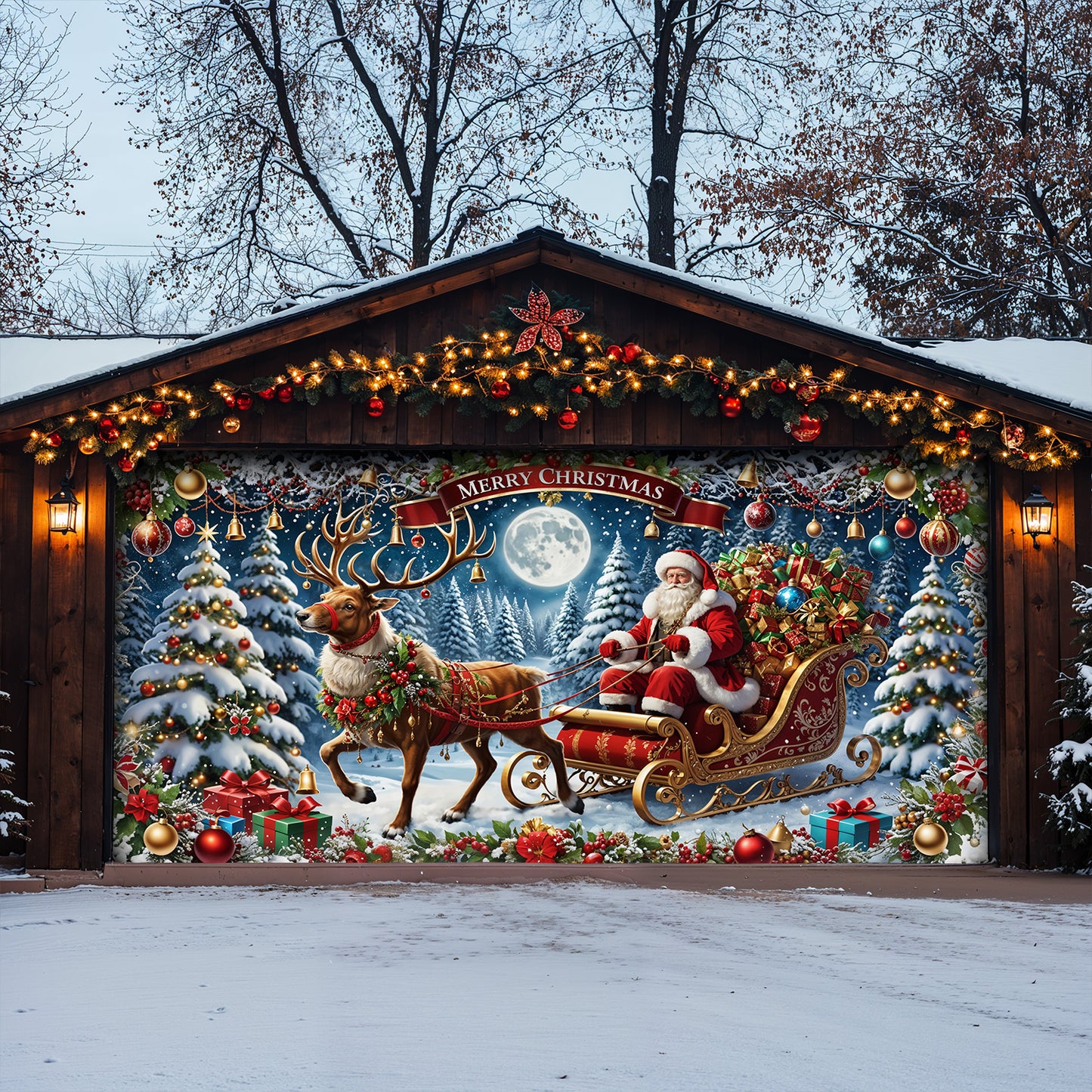 Christmas Garage Door Banner Decoration - Santa’s Sleigh Ride Spreading Cheer on a Winter’s Eve