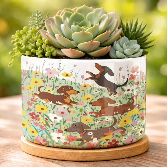 Dachshund Ceramic Plant Pot Happy Dachshunds In Flower Garden