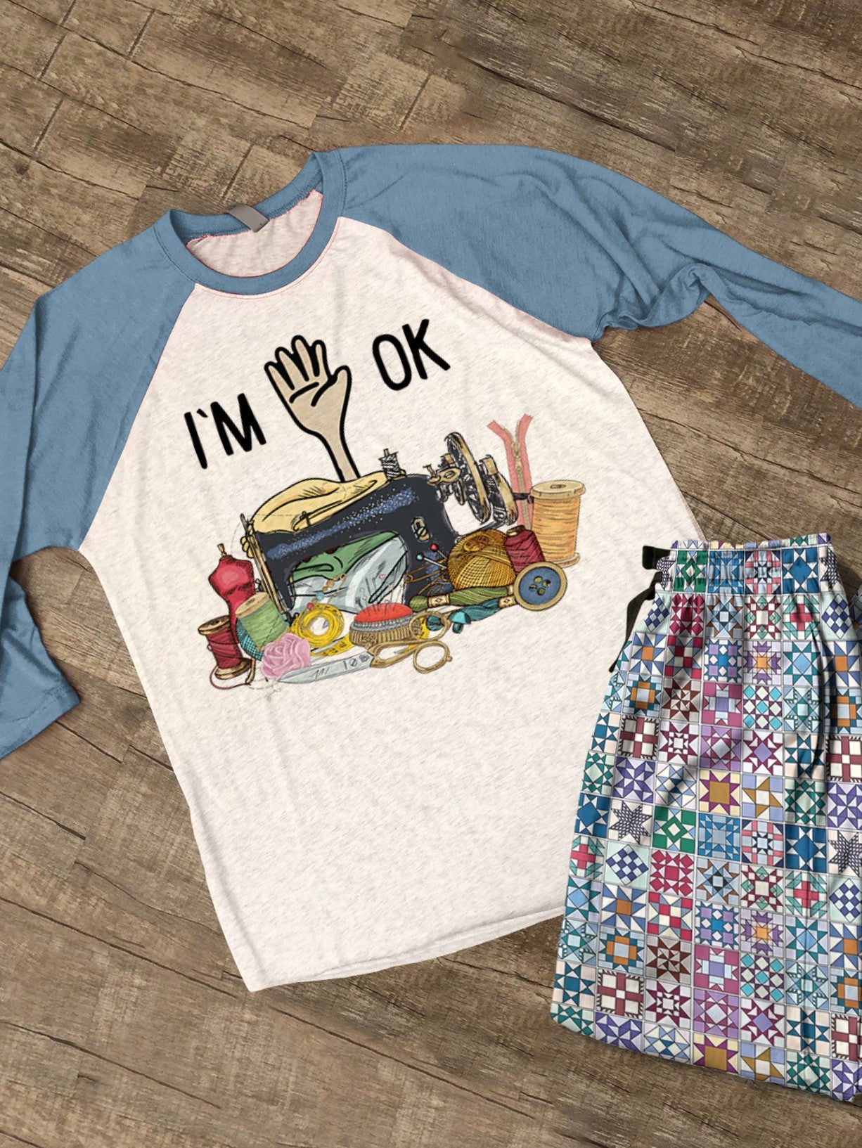 Sewing Lover Raglan Lounge Pajamas I'm OK Quilt Blocks