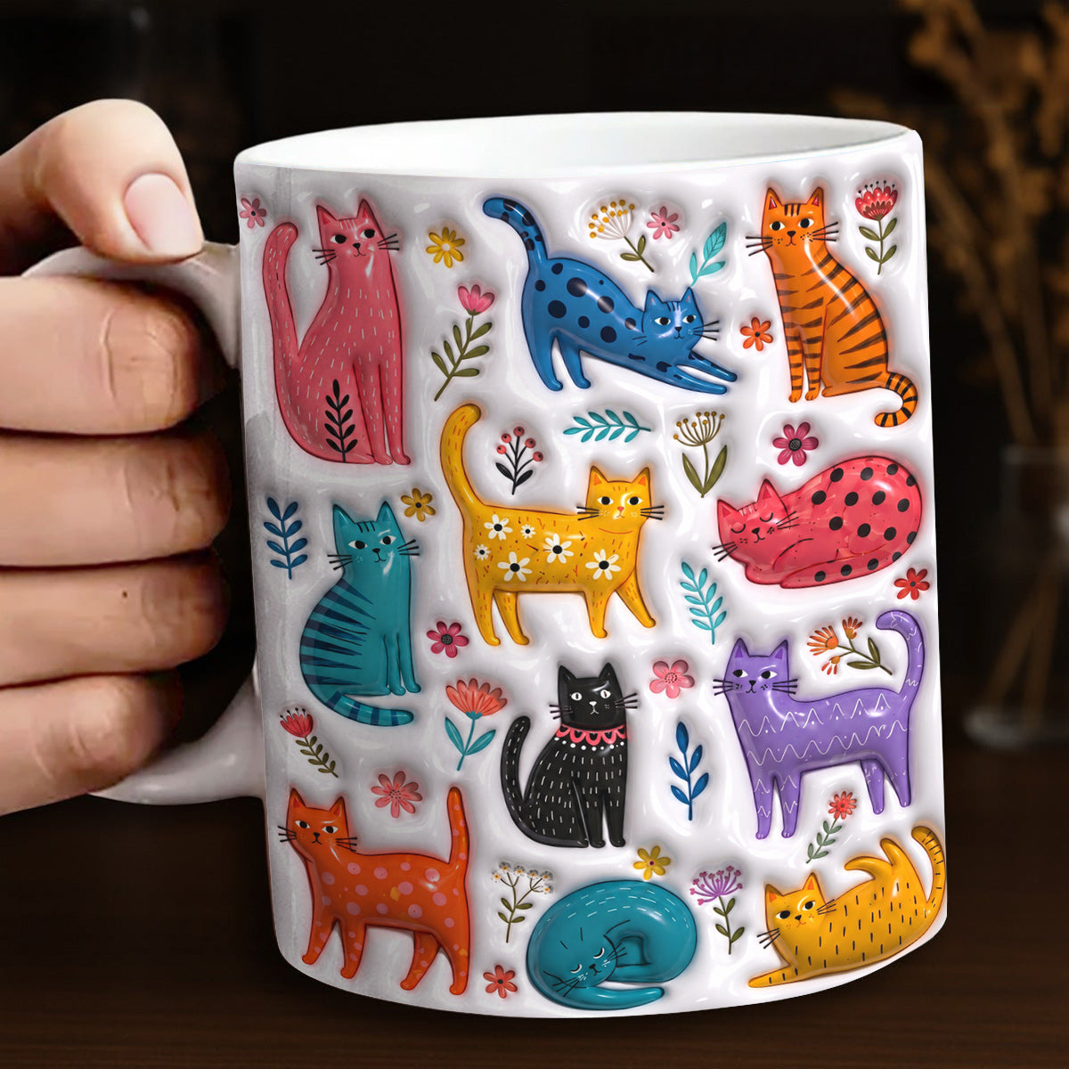 Cat Lovers Ceramic Mug Colorful Kitty Bloom Garden