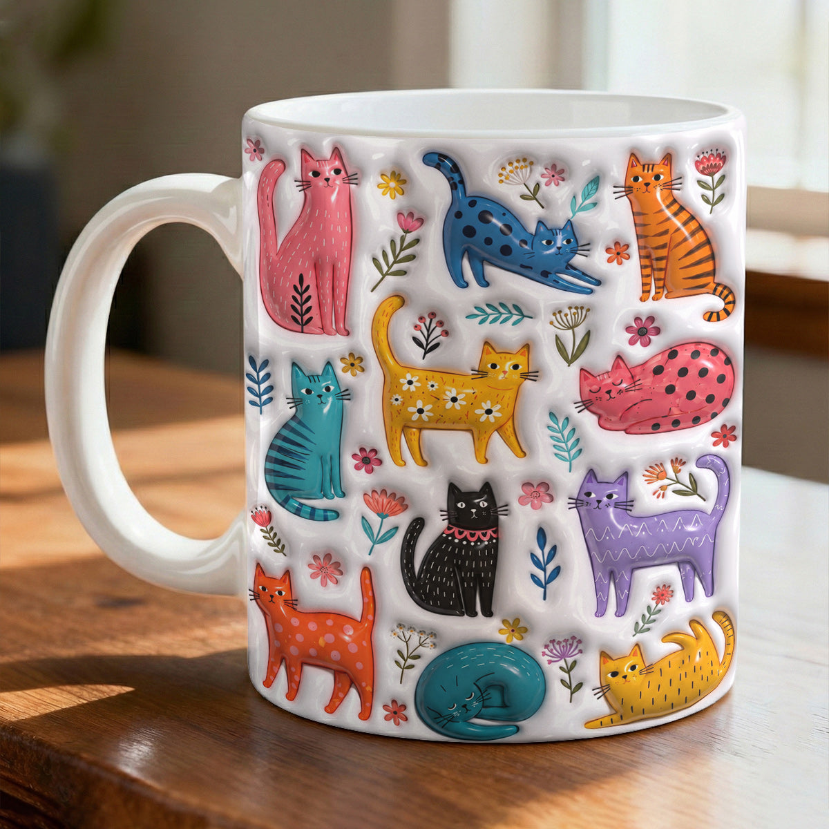 Cat Lovers Ceramic Mug Colorful Kitty Bloom Garden