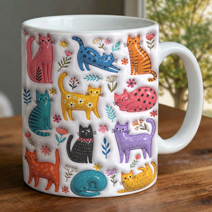 Cat Lovers Ceramic Mug Colorful Kitty Bloom Garden