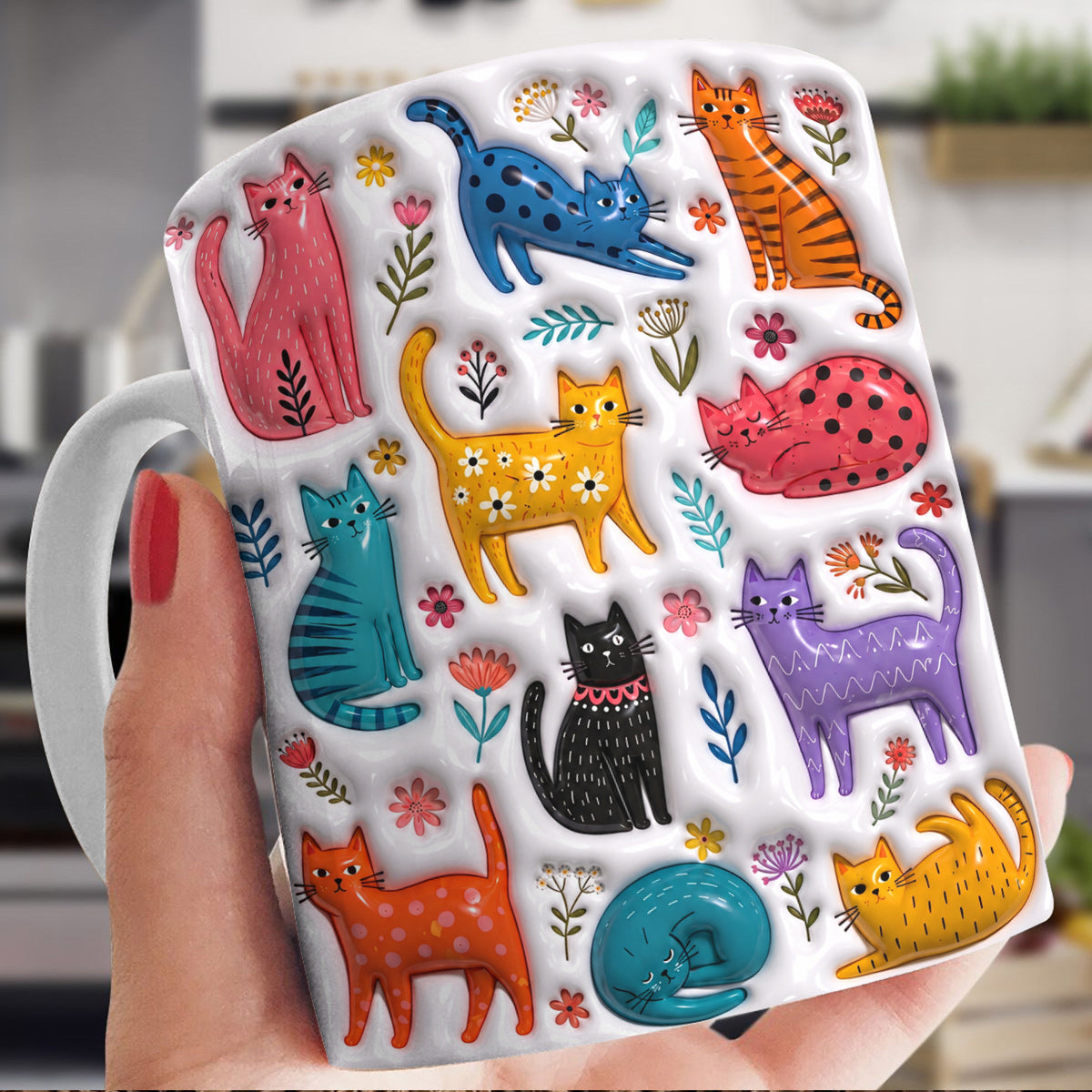 Cat Lovers Ceramic Mug Colorful Kitty Bloom Garden