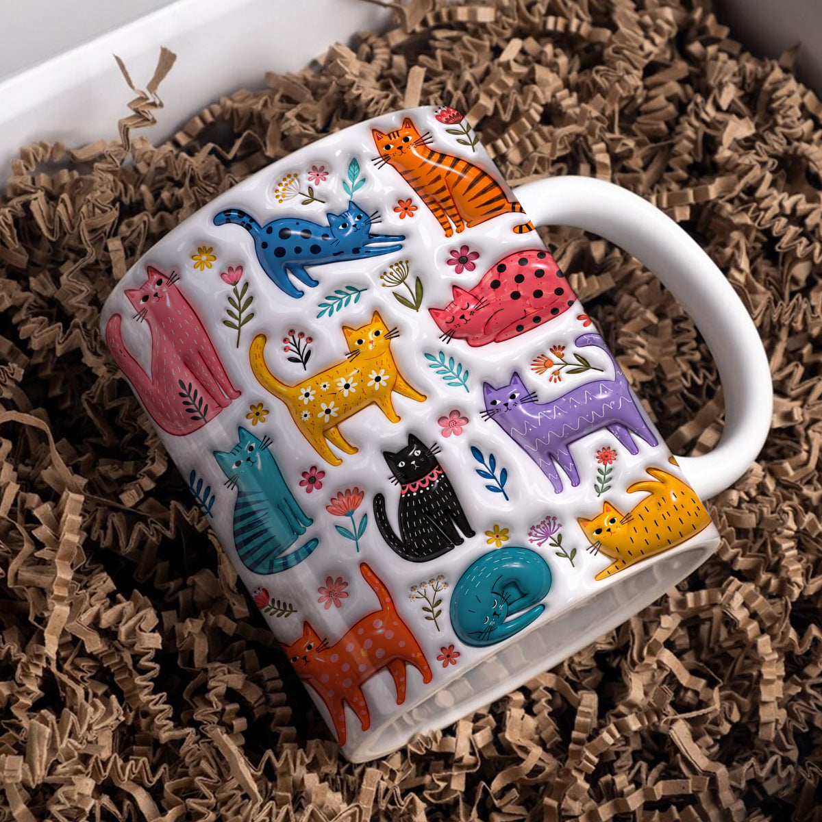Cat Lovers Ceramic Mug Colorful Kitty Bloom Garden