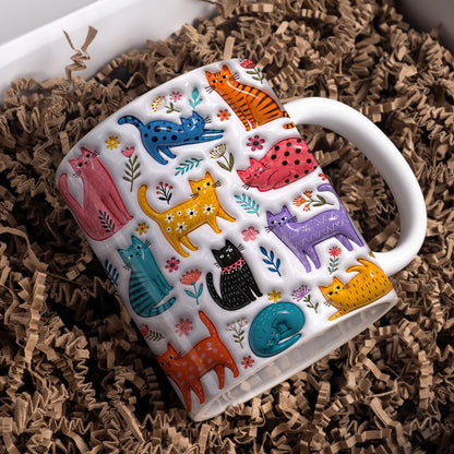 Cat Lovers Ceramic Mug Colorful Kitty Bloom Garden