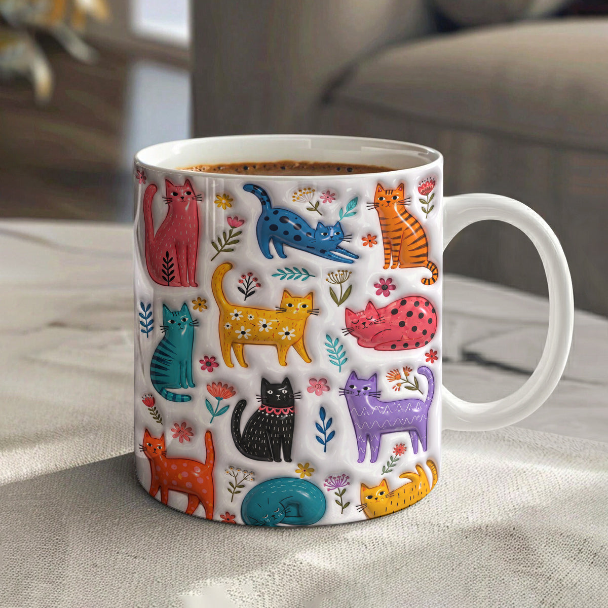Cat Lovers Ceramic Mug Colorful Kitty Bloom Garden