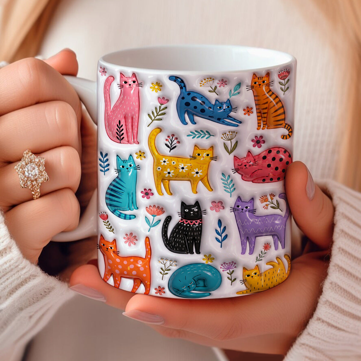 Cat Lovers Ceramic Mug Colorful Kitty Bloom Garden