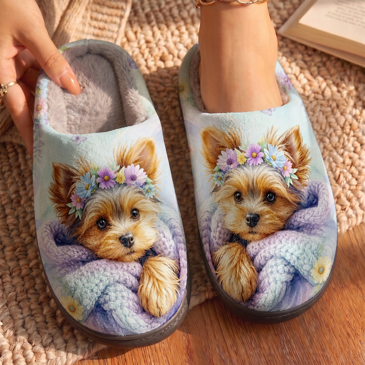 Yorkie Mom Gift Fleece Lined Slippers Floral Yorkie Snuggle