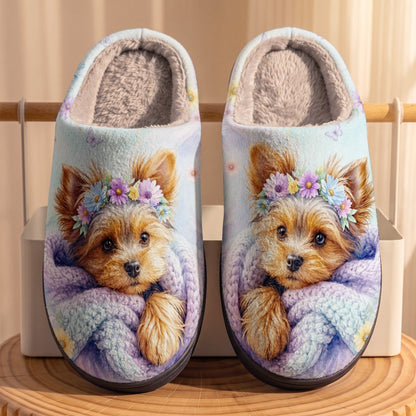 Yorkie Mom Gift Fleece Lined Slippers Floral Yorkie Snuggle