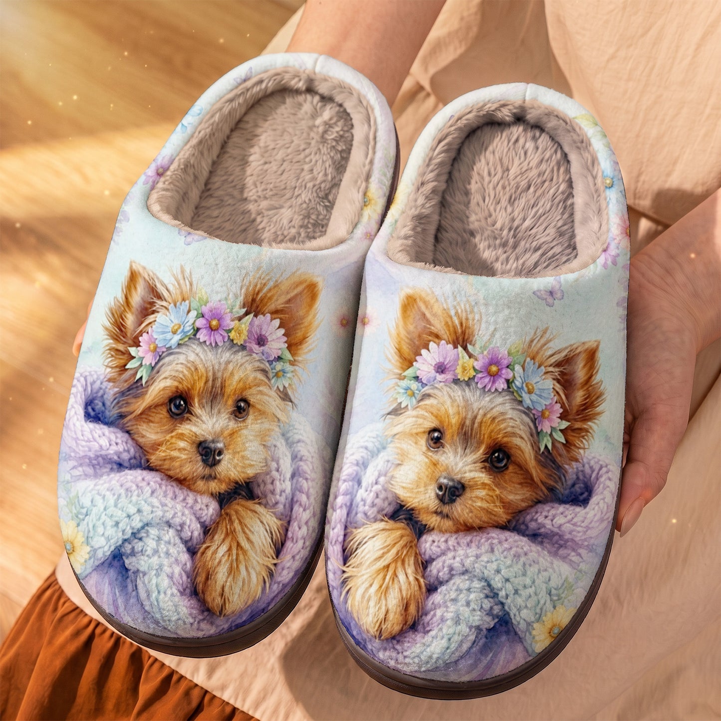 Yorkie Mom Gift Fleece Lined Slippers Floral Yorkie Snuggle