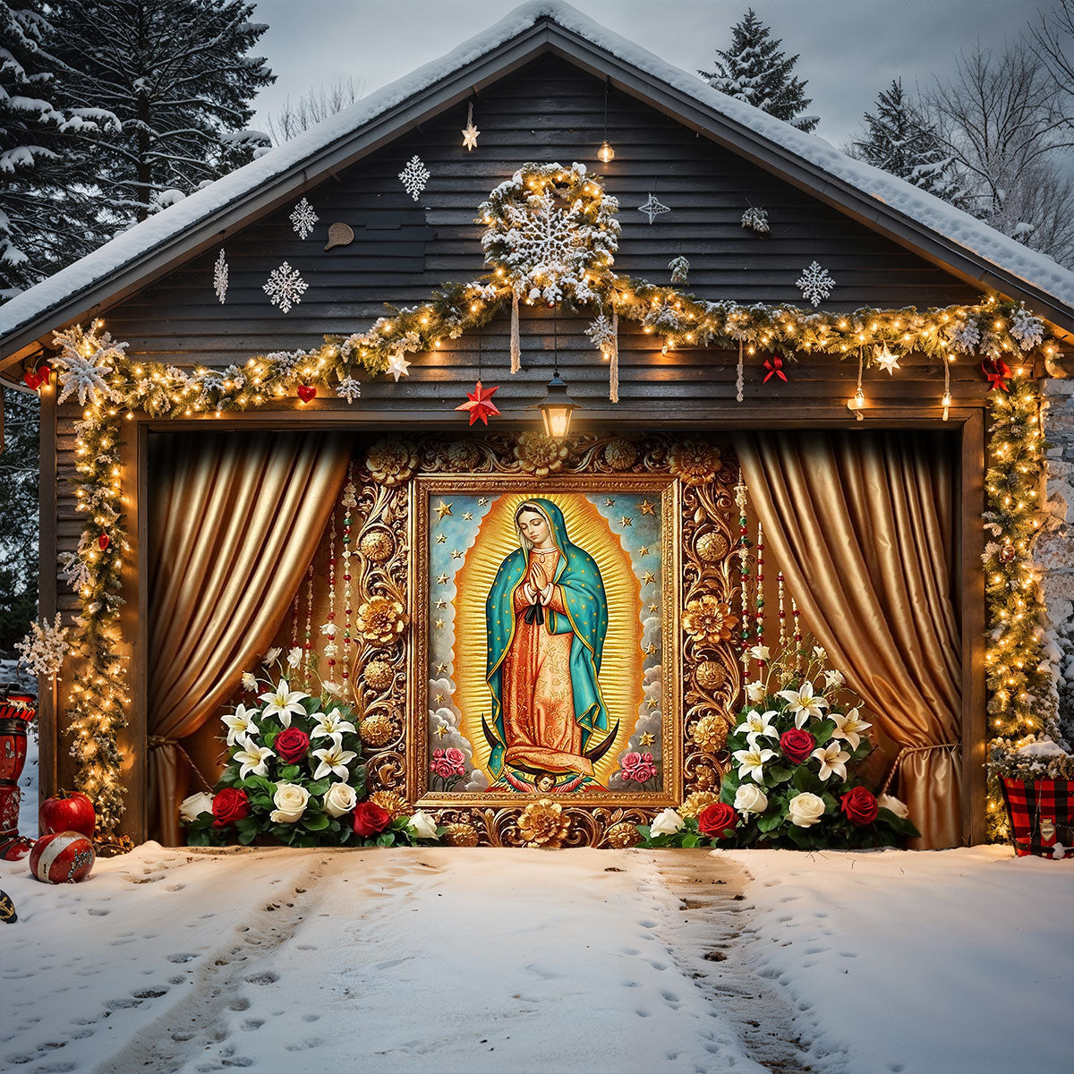 Winter Garage Door Banner Decoration -  Holy Mary Of Guadalupe
