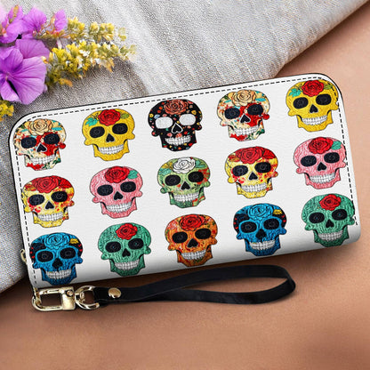 Sugar Skull Leather Wallet Colorful Rose Sugar Skulls