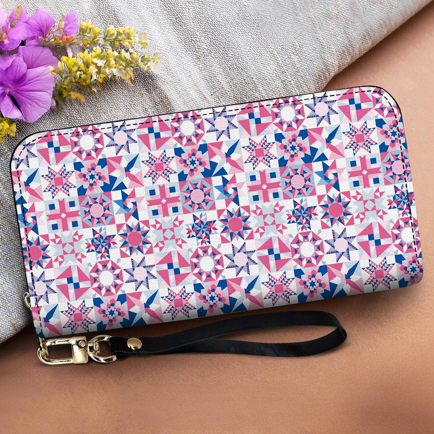 Sewing Lover Leather Wallet Vintage Pink Quilt Blocks