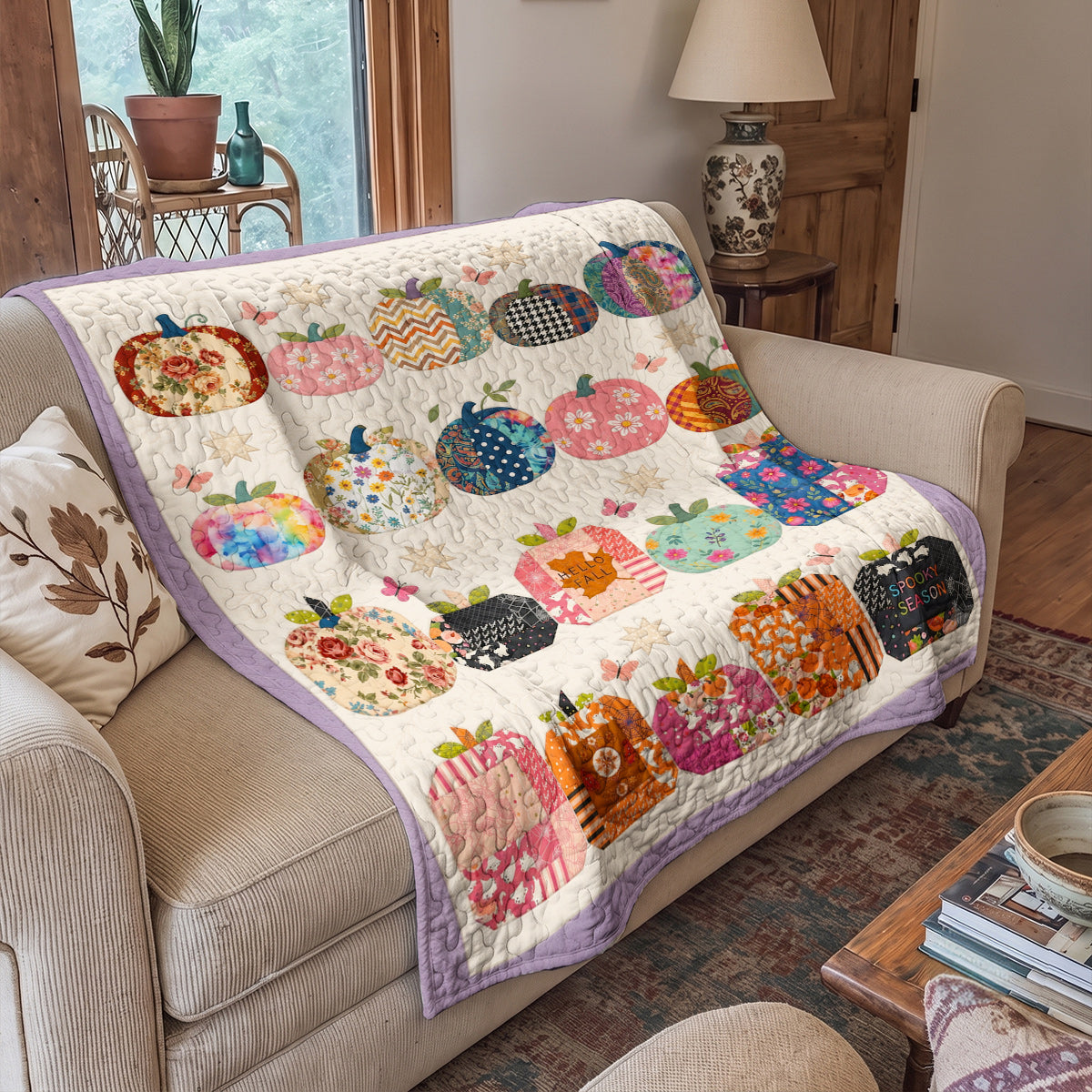 Fall Quilted Blanket Whimsical Pumpkin Patchwork