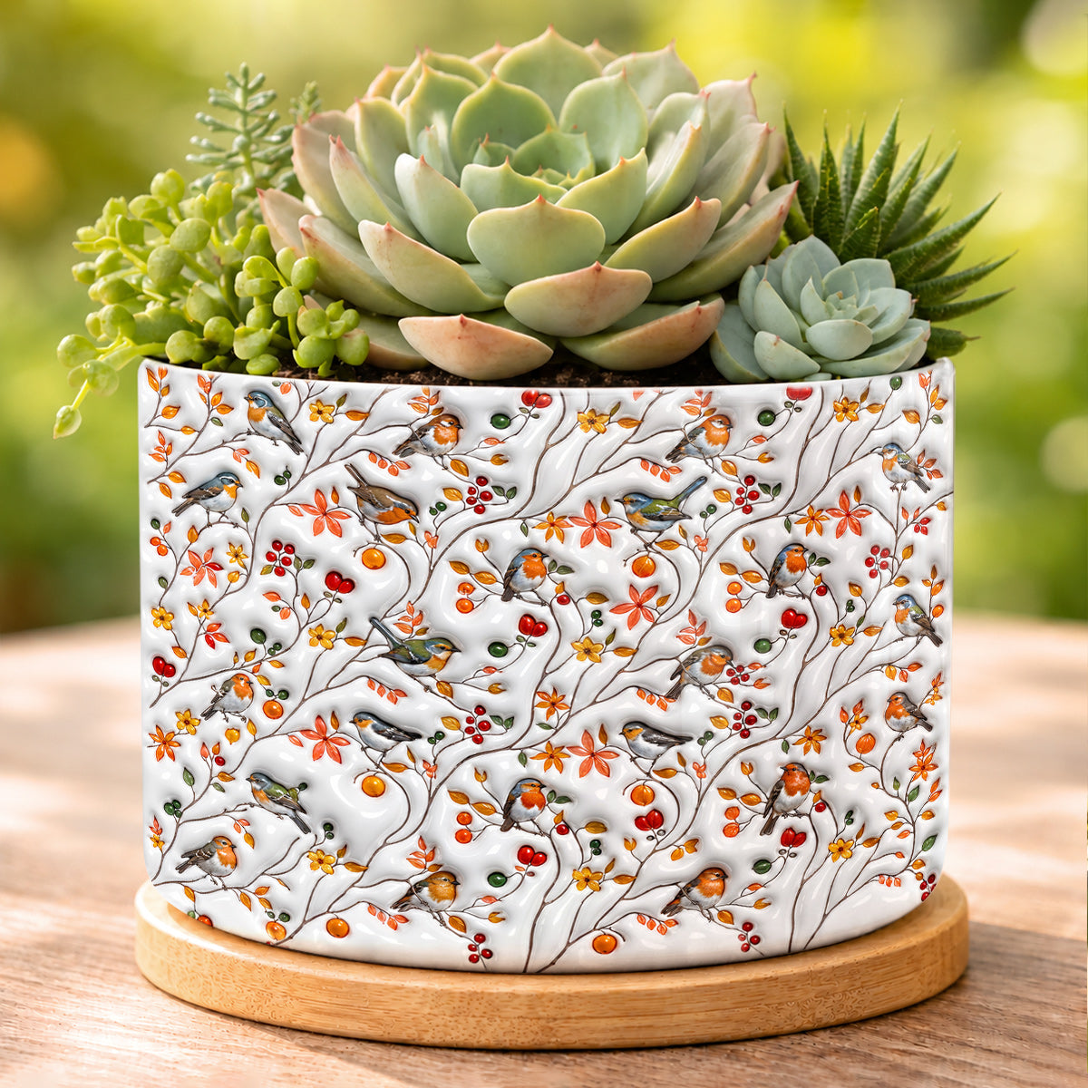 Songbird Lovers Ceramic Plant Pot With Bamboo Tray Moonpetal Melody Garden Whisper