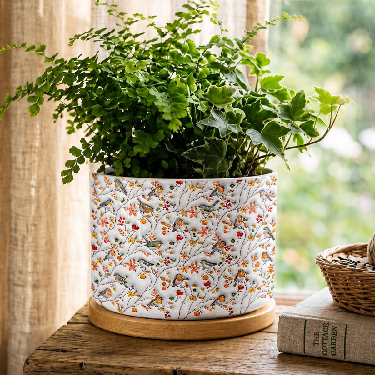 Songbird Lovers Ceramic Plant Pot With Bamboo Tray Moonpetal Melody Garden Whisper