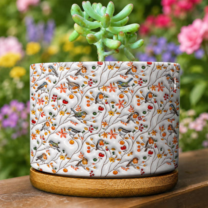 Songbird Lovers Ceramic Plant Pot With Bamboo Tray Moonpetal Melody Garden Whisper