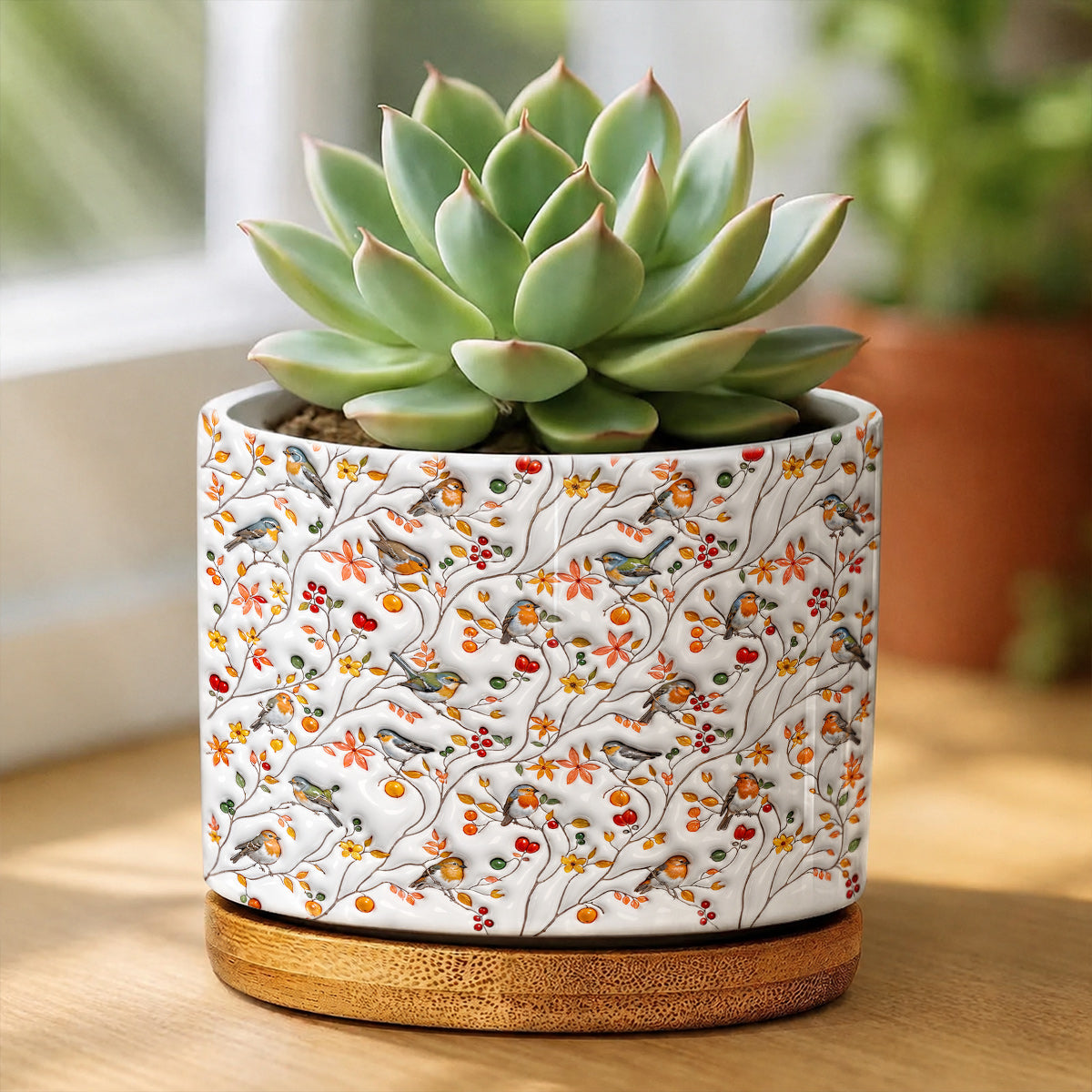 Songbird Lovers Ceramic Plant Pot With Bamboo Tray Moonpetal Melody Garden Whisper