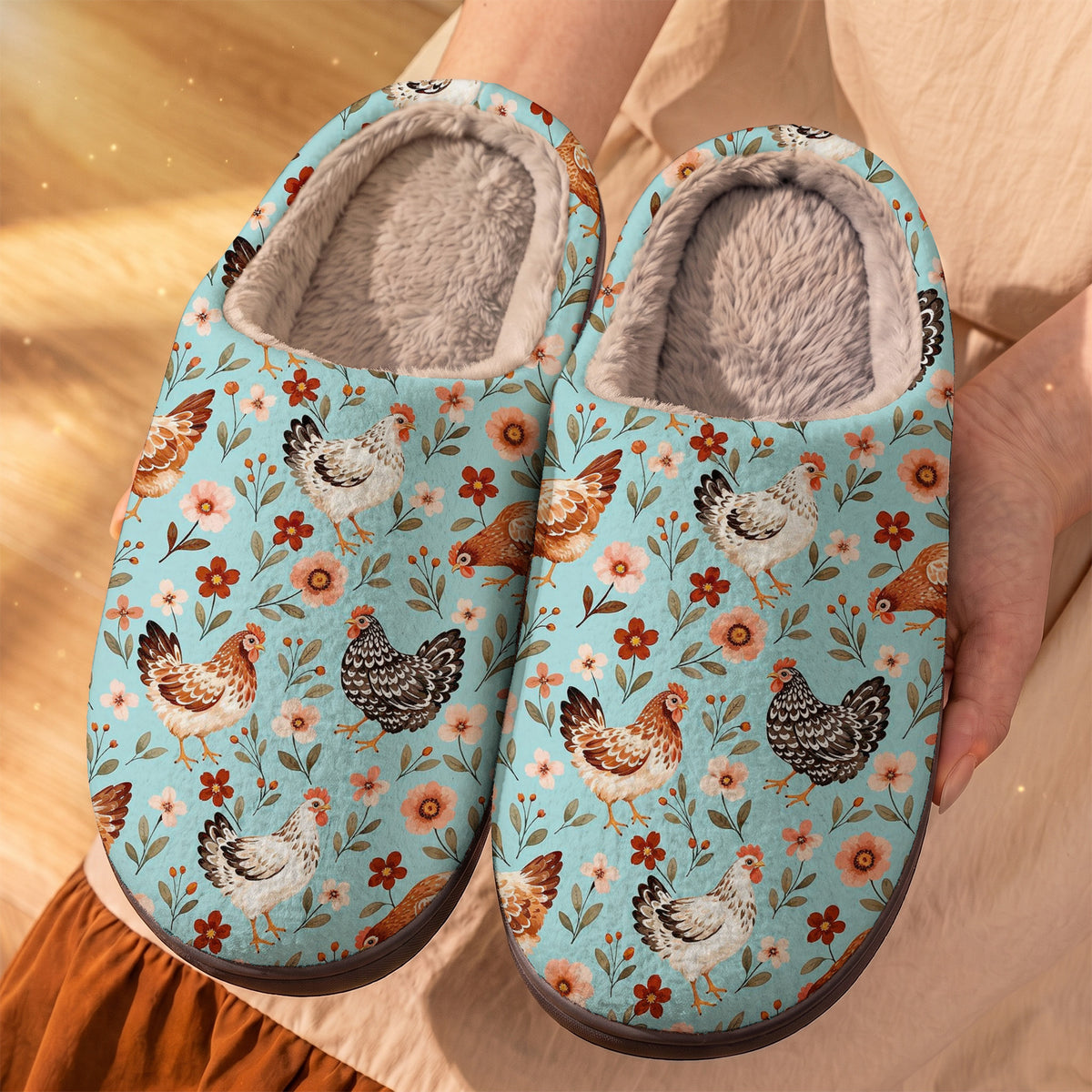 Chicken Lovers Fleece Lined Slippers Happy Hens In A Country Garden