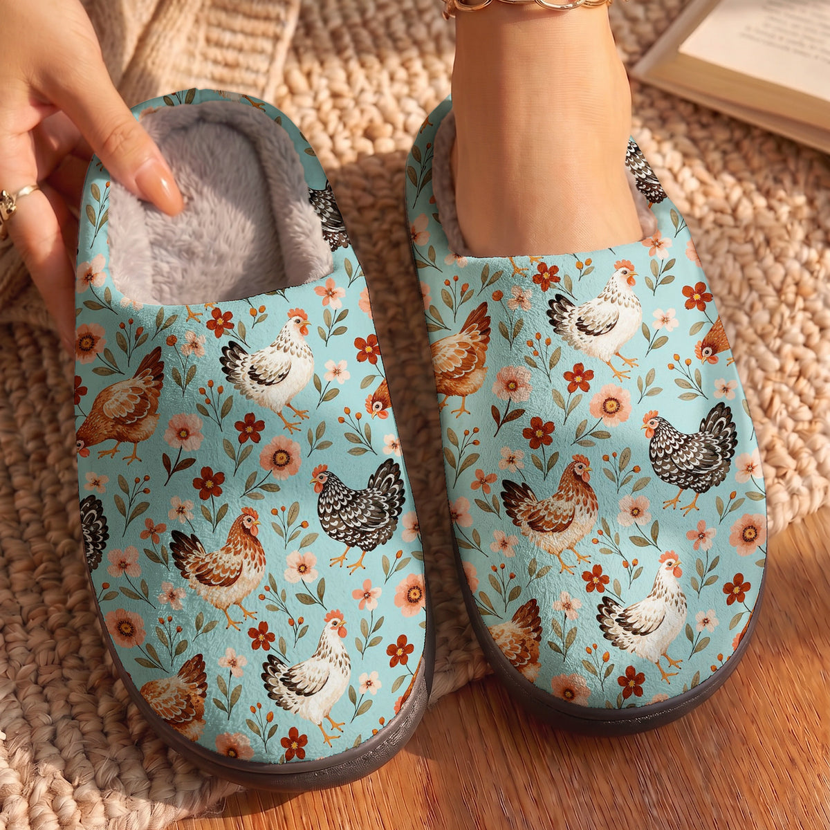Chicken Lovers Fleece Lined Slippers Happy Hens In A Country Garden