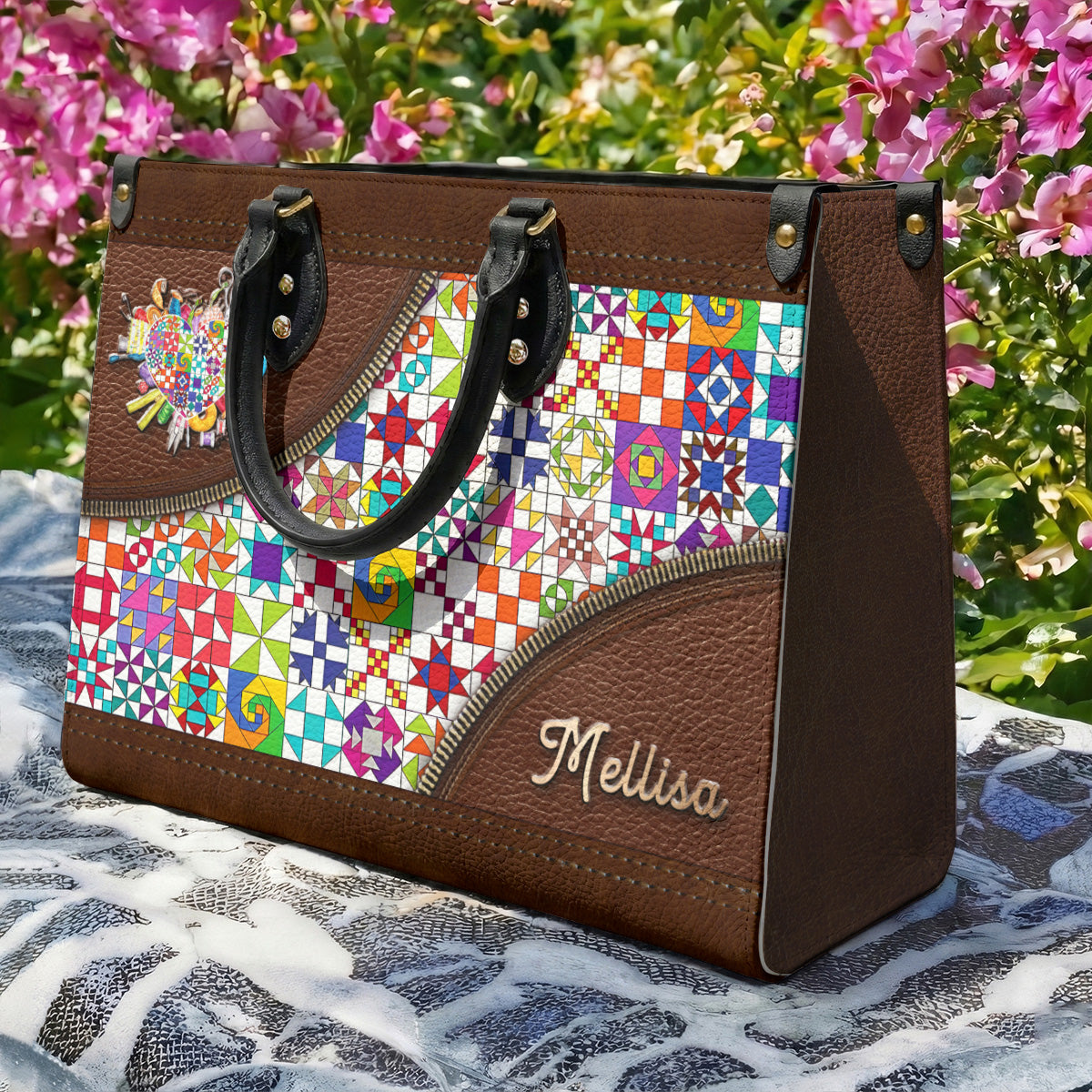 Sewing Lover Leather Handbag Personalized ColorBust Quilt Blocks