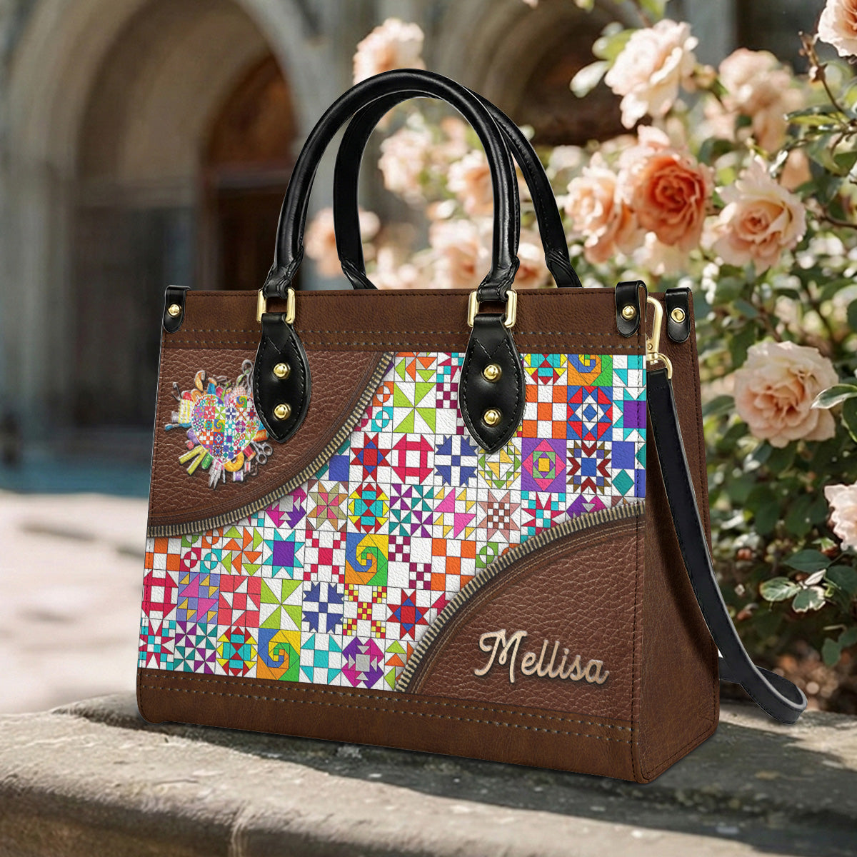 Sewing Lover Leather Handbag Personalized ColorBust Quilt Blocks