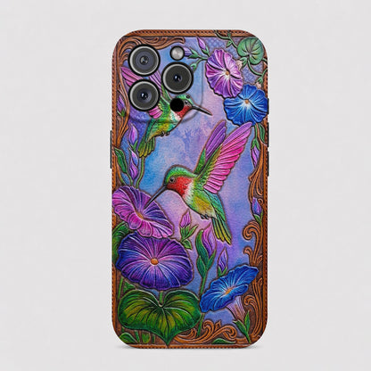Garden Birds Leather Phone Case Morning Glory Hummingbird Harmony - Brown