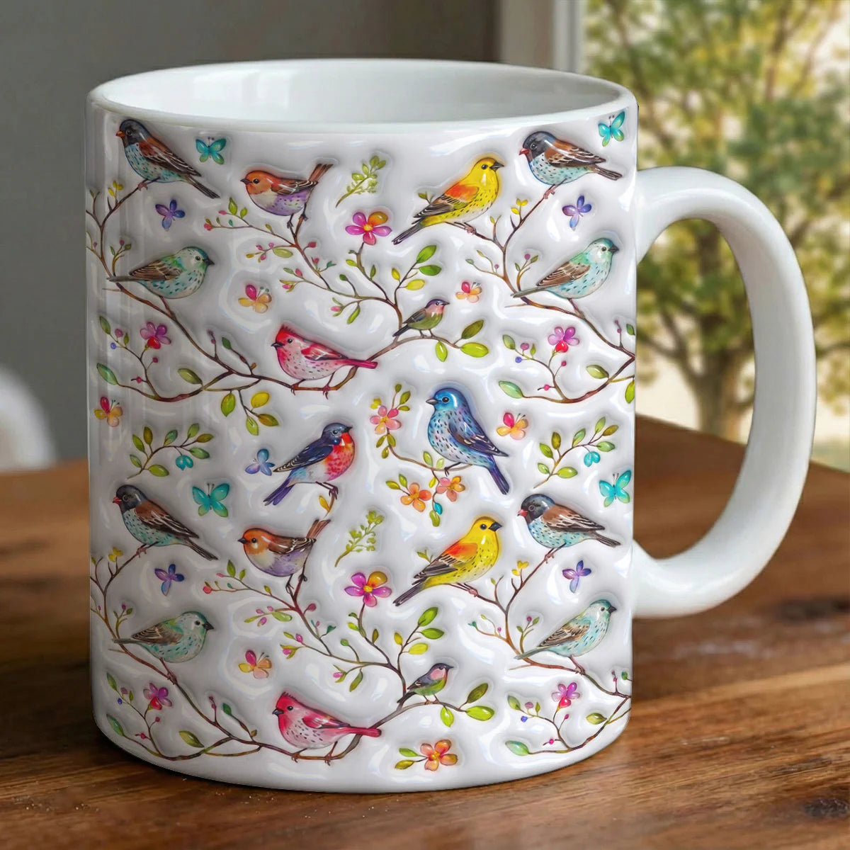 Bird Lovers Ceramic Mug Puffy Whispering Songbirds Blossom Haven