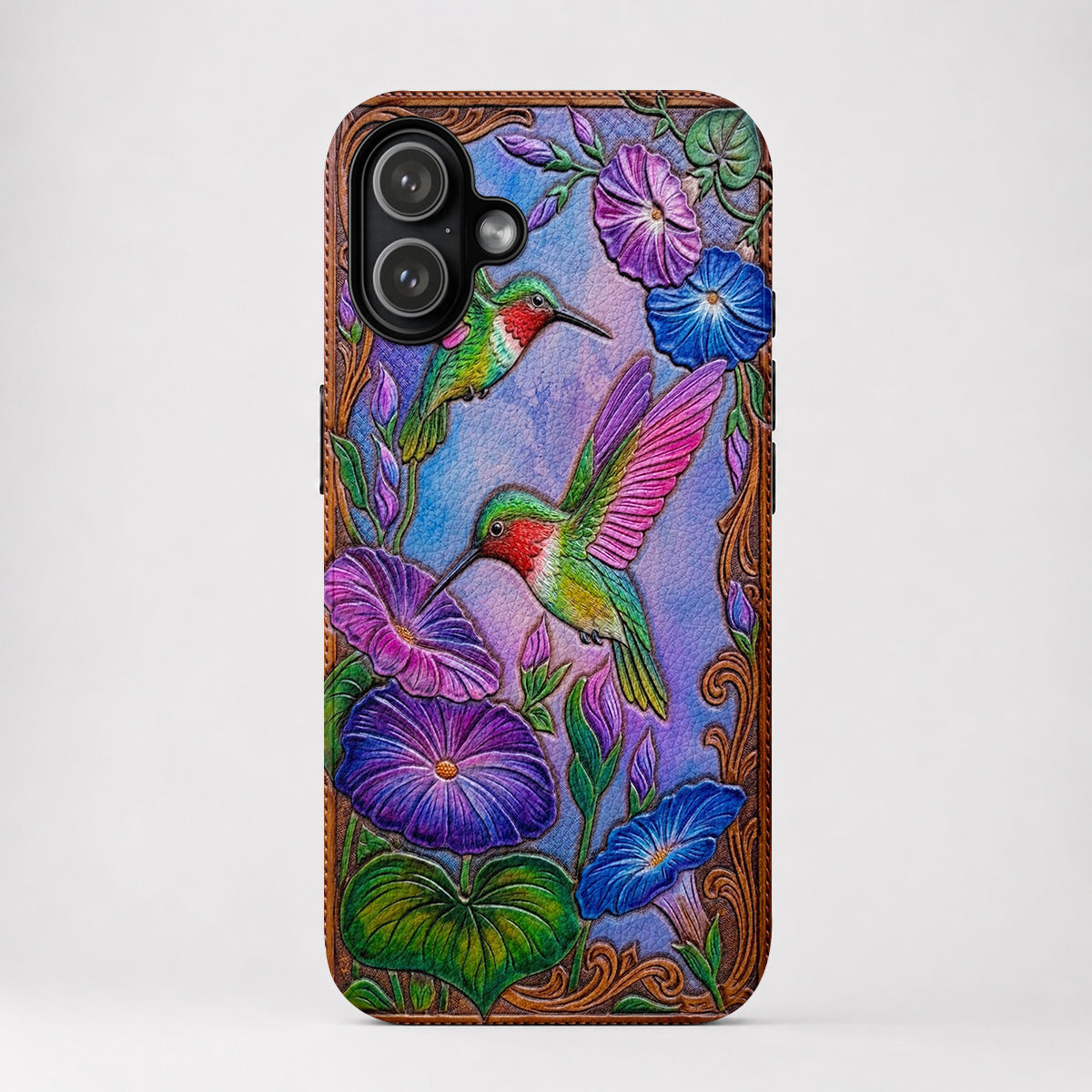 Garden Birds Leather Phone Case Morning Glory Hummingbird Harmony - Brown