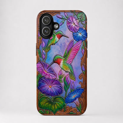 Garden Birds Leather Phone Case Morning Glory Hummingbird Harmony - Brown