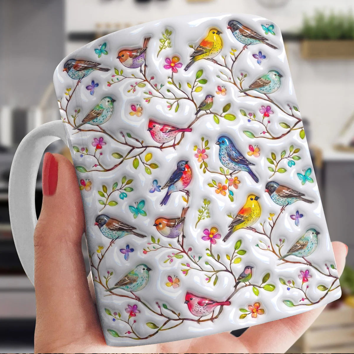 Bird Lovers Ceramic Mug Puffy Whispering Songbirds Blossom Haven