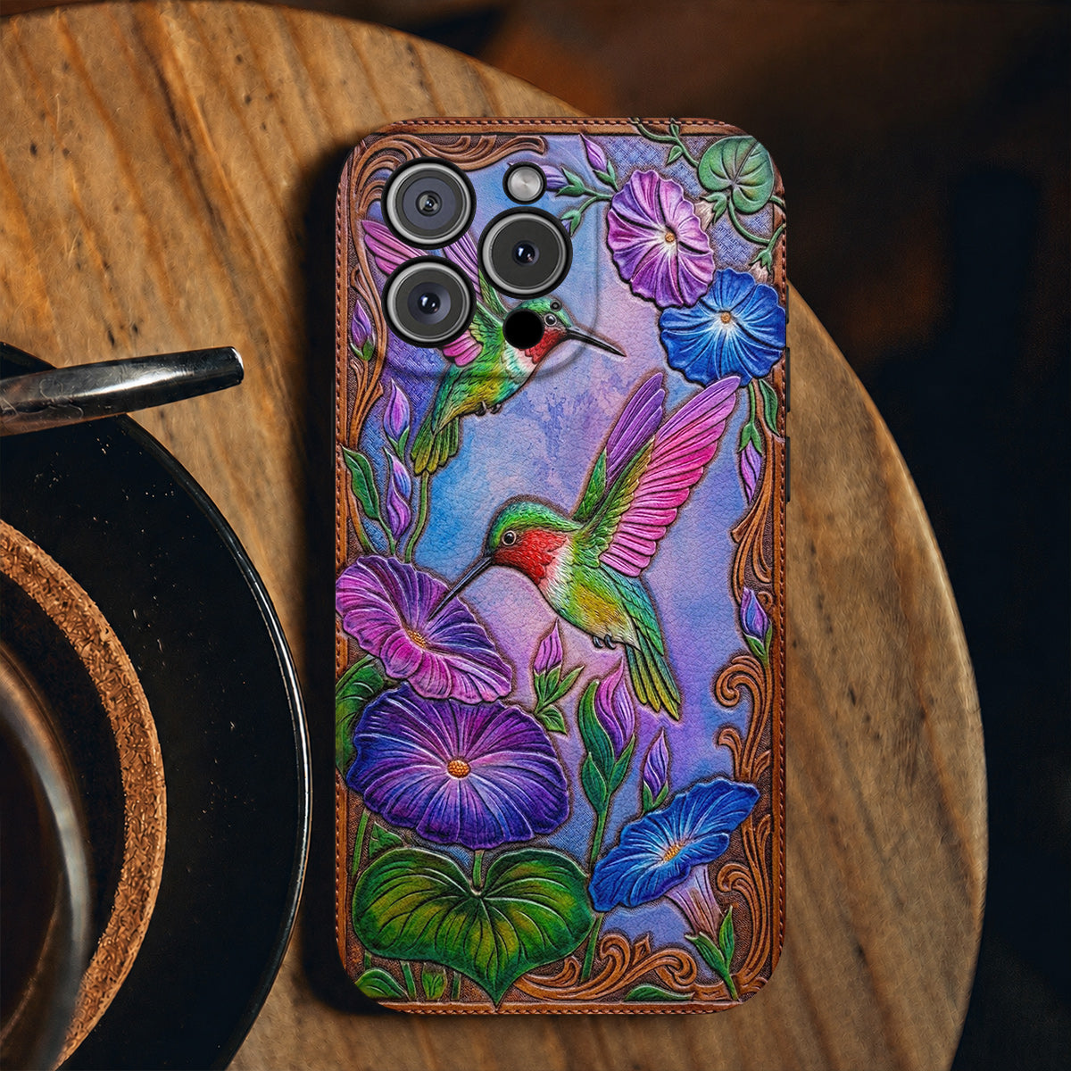 Garden Birds Leather Phone Case Morning Glory Hummingbird Harmony - Brown