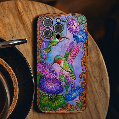 Garden Birds Leather Phone Case Morning Glory Hummingbird Harmony - Brown