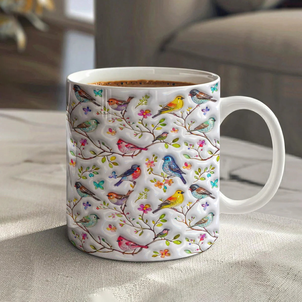 Bird Lovers Ceramic Mug Puffy Whispering Songbirds Blossom Haven