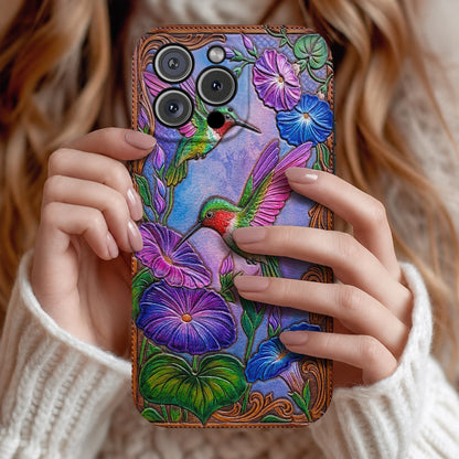 Garden Birds Leather Phone Case Morning Glory Hummingbird Harmony - Brown