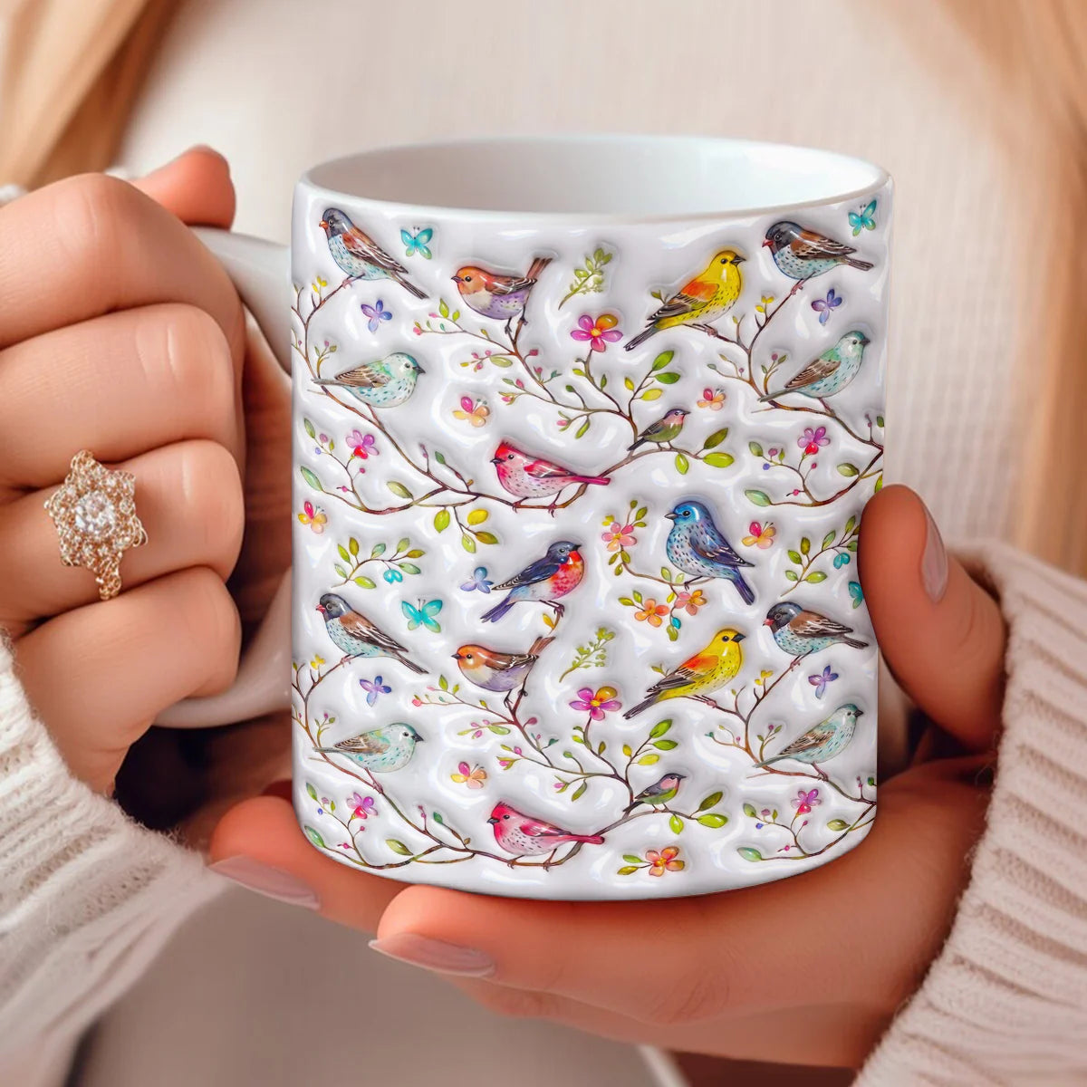 Bird Lovers Ceramic Mug Puffy Whispering Songbirds Blossom Haven