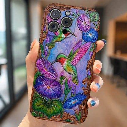 Garden Birds Leather Phone Case Morning Glory Hummingbird Harmony - Brown