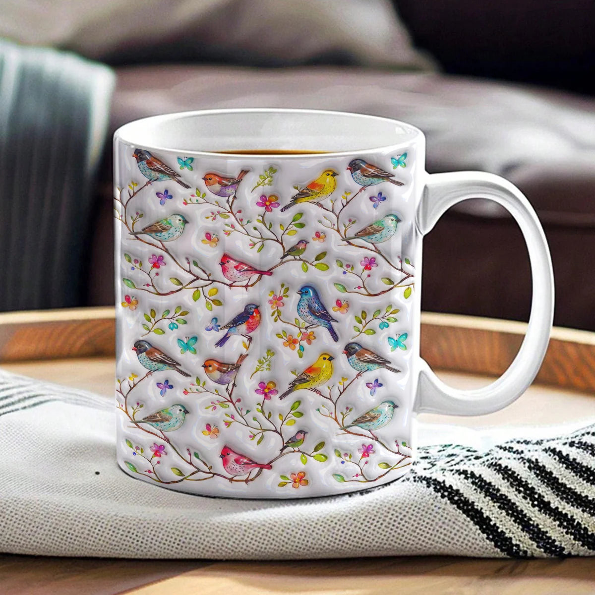 Bird Lovers Ceramic Mug Puffy Whispering Songbirds Blossom Haven
