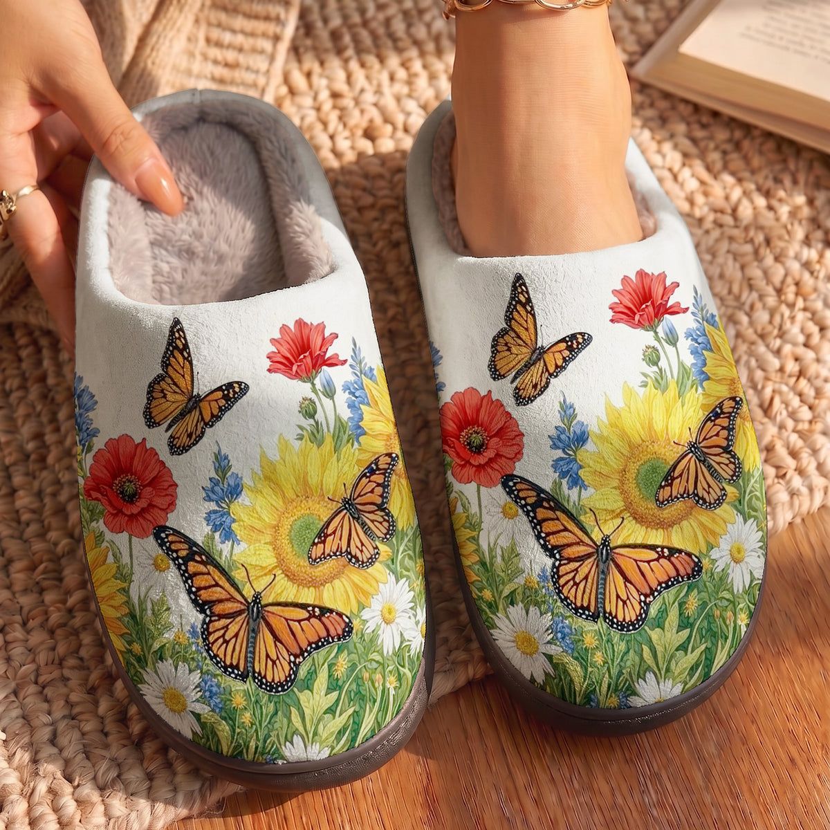 Monarch Garden Fleece Lined Slippers Golden Meadow Monarch Butterfly Bliss