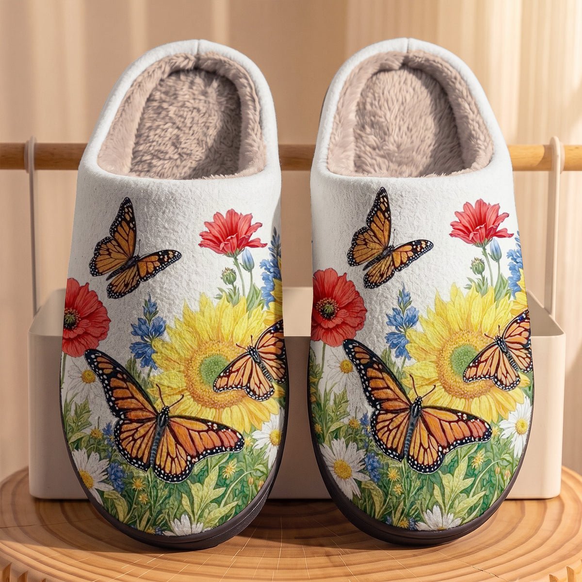 Monarch Garden Fleece Lined Slippers Golden Meadow Monarch Butterfly Bliss