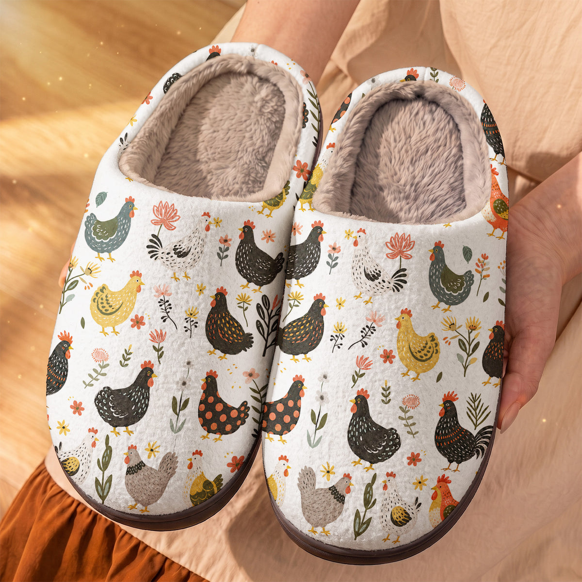 Chicken Fleece Lined Slippers Garden Chicken Folk Art